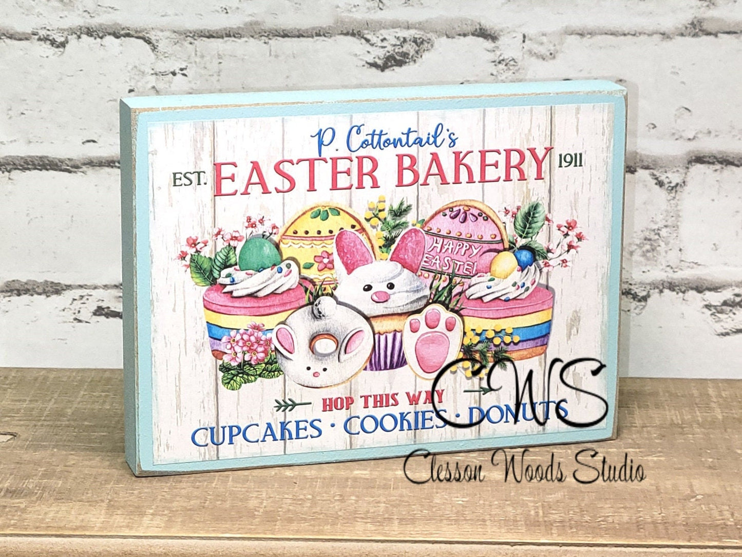 P Cottontail Easter Bakery (Pink, Yellow, Blue, Green) Wood Block Sign