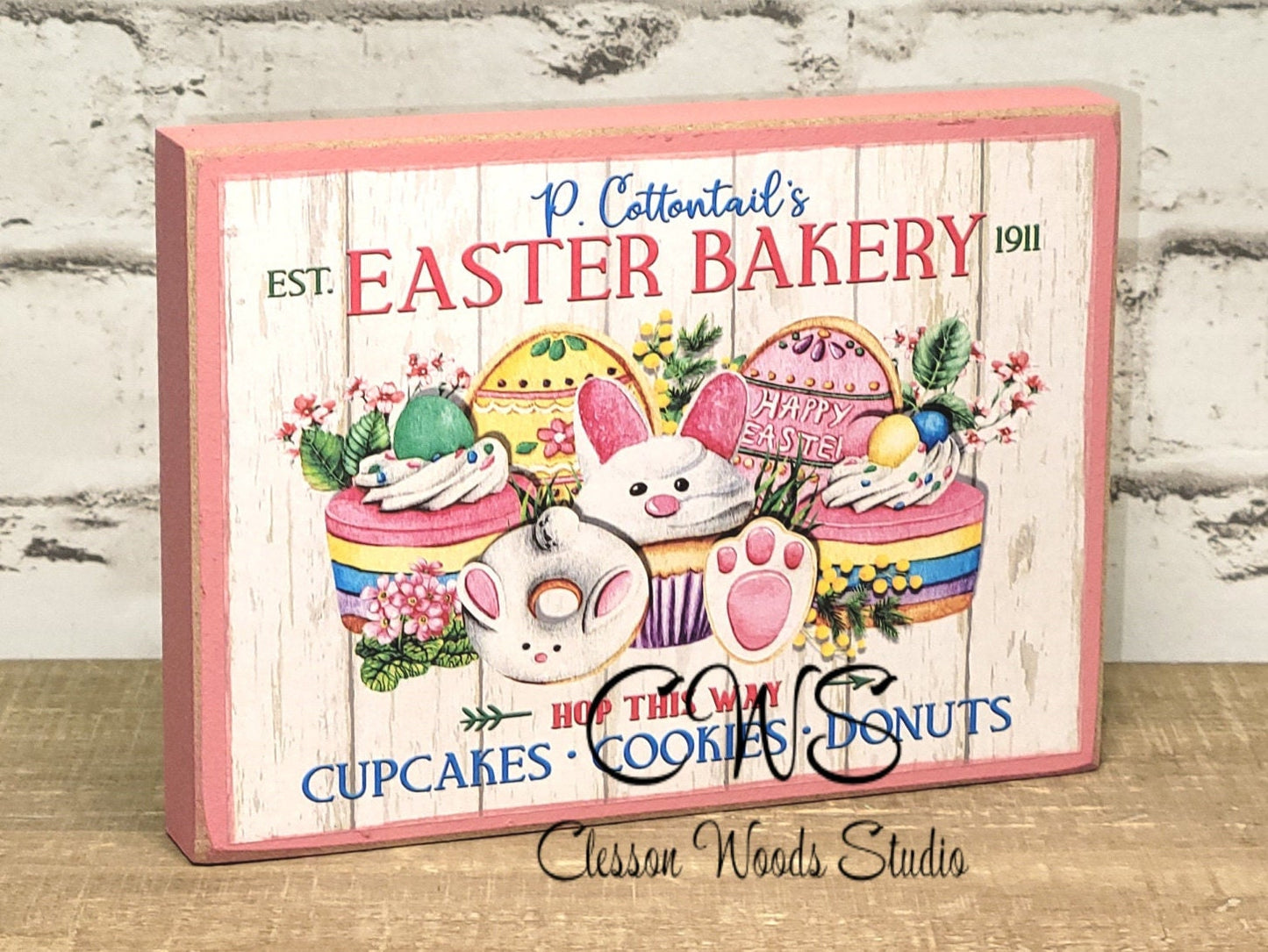P Cottontail Easter Bakery (Pink, Yellow, Blue, Green) Wood Block Sign