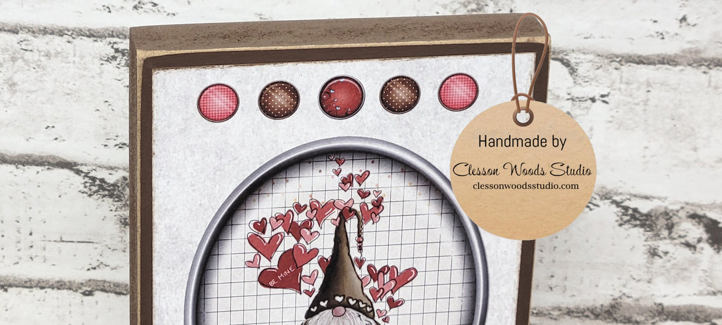 Valentine Gnome With Brown Outfit Brown Wood Block Sign Tiered Tray Sign