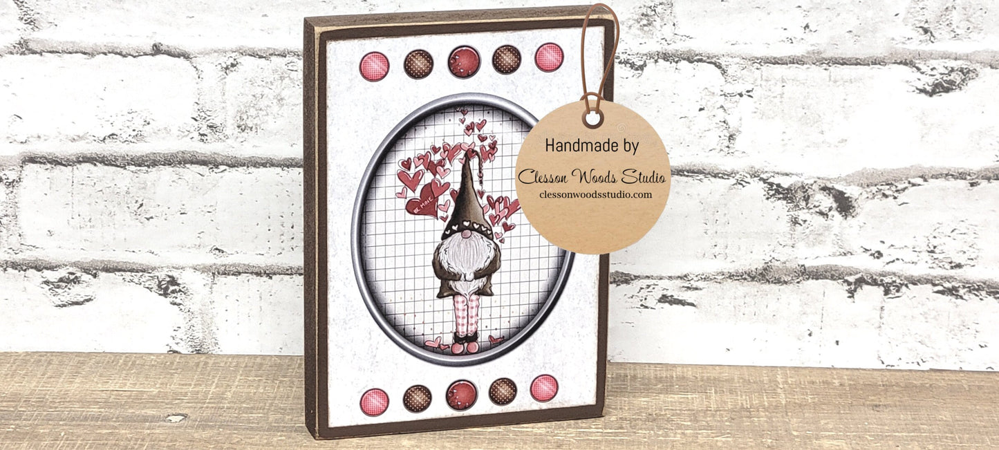 Valentine Gnome With Brown Outfit Brown Wood Block Sign Tiered Tray Sign