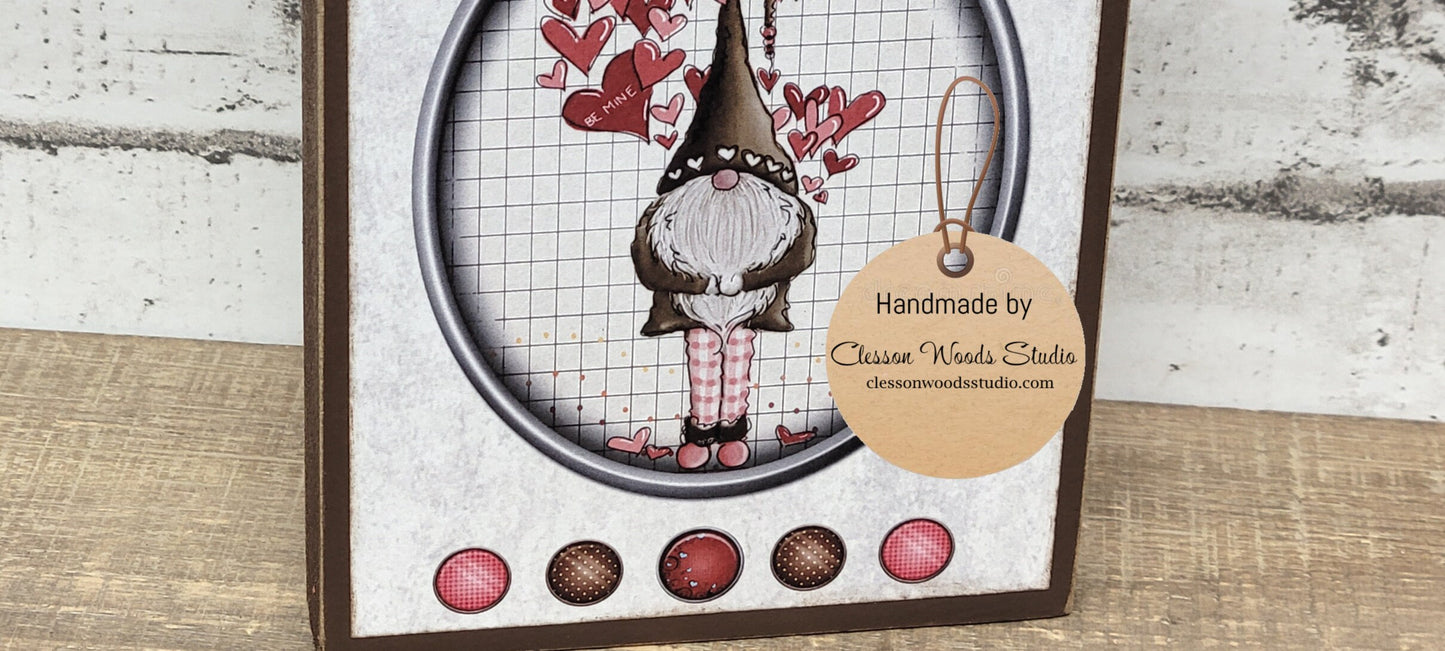 Valentine Gnome With Brown Outfit Brown Wood Block Sign Tiered Tray Sign