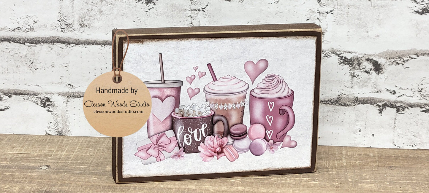 Valentine Beverages Brown Wood Block Sign Tiered Tray Sign