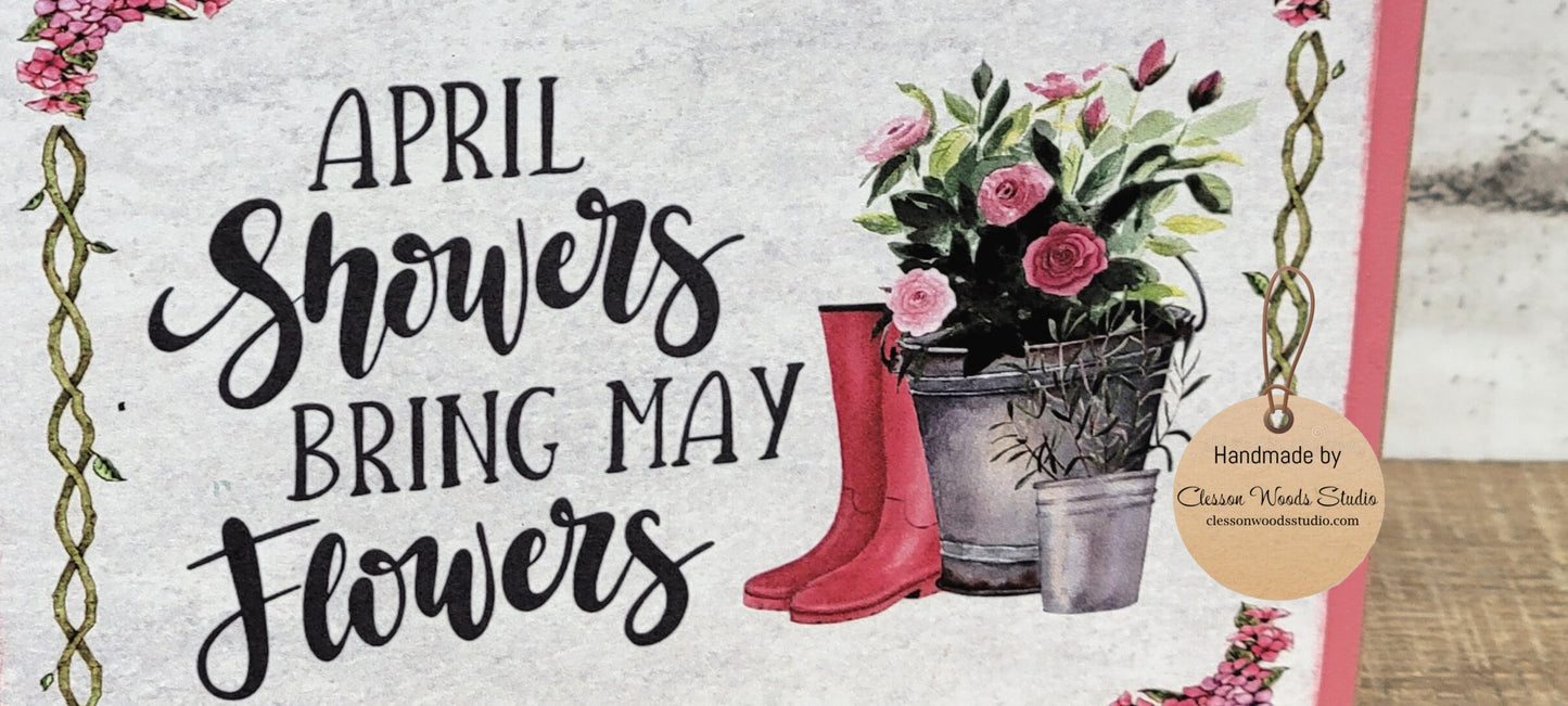April Showers Bring May Flowers Pink Wood Block Sign Tiered Tray Sign