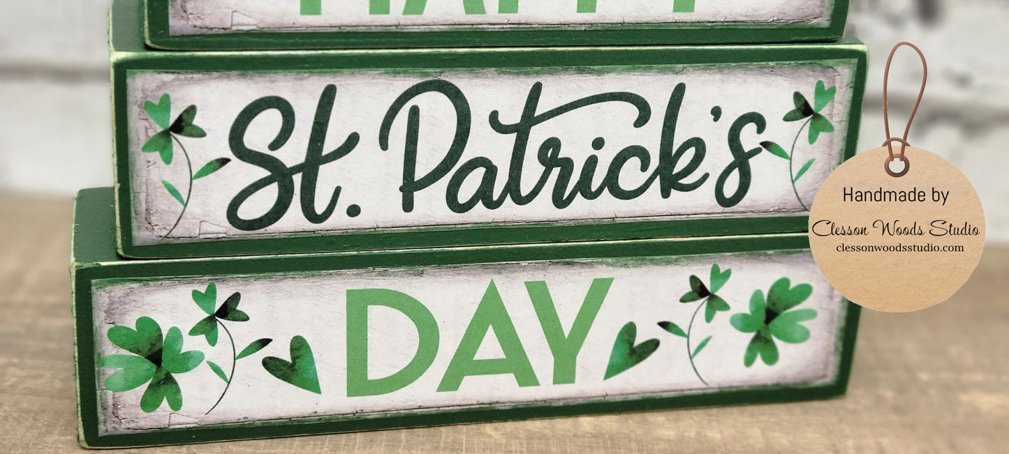 Happy St. Patrick's Day Green Wood Block Stack