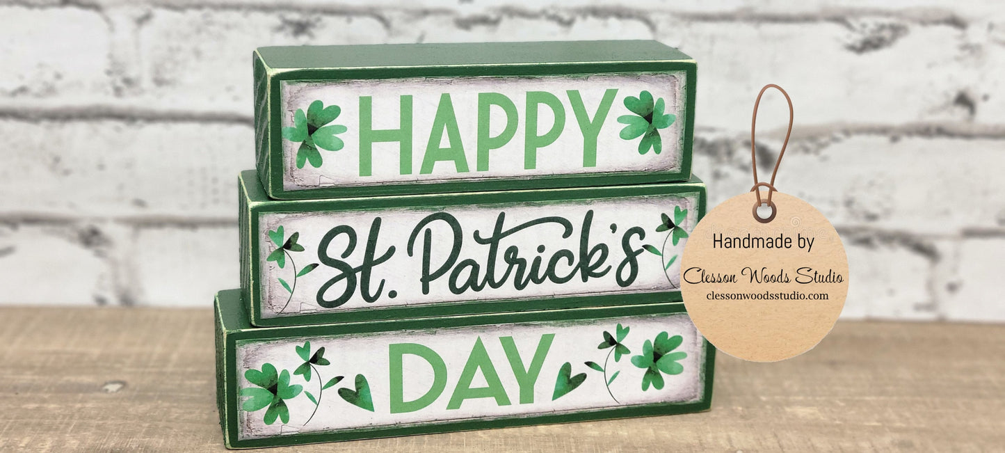 Happy St. Patrick's Day Green Wood Block Stack