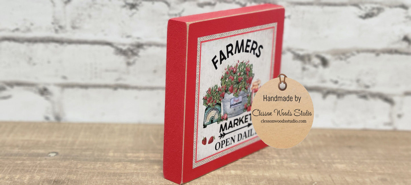 Farmers Market Strawberry Wood Block Sign
