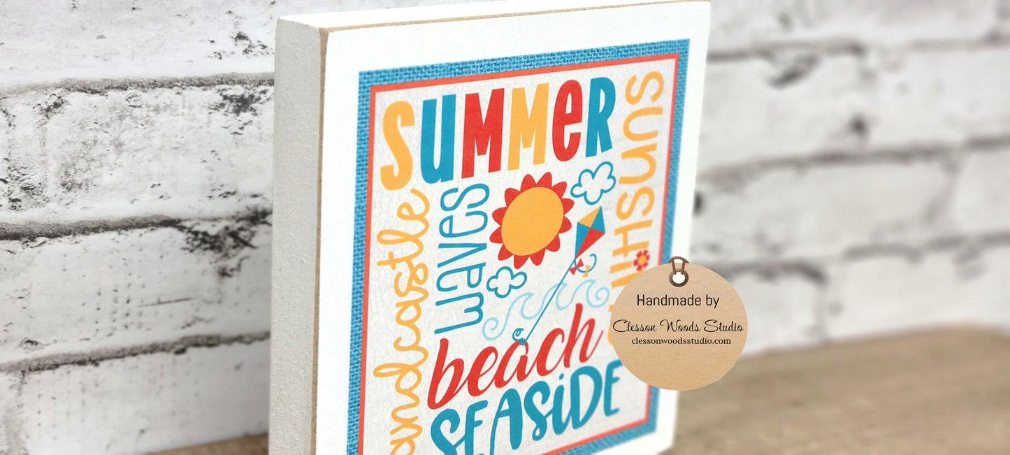 Summer Colorful Words White Wood Block Sign