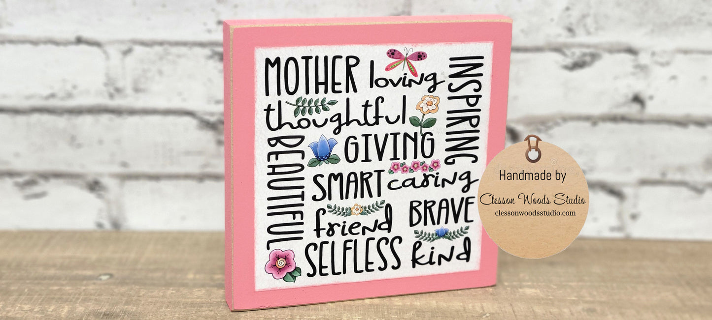 Mother's Day Subway Style Art Words Square Wood Sign