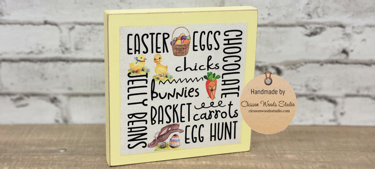 Easter Elements Subway Style Art Words Square Wood Sign