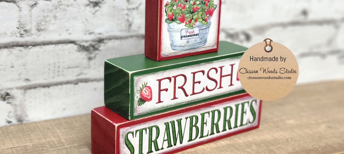 Fresh Strawberries 3 Piece Wood Block Stack