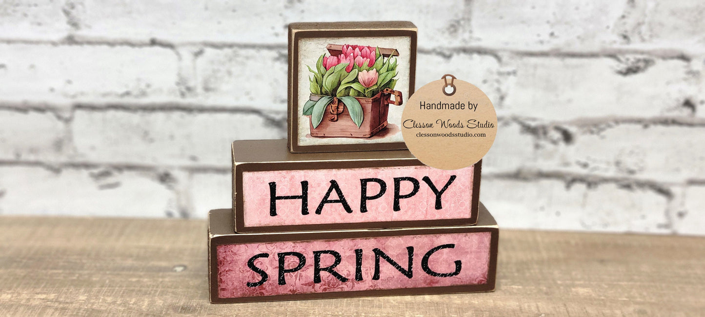 Happy Spring Tulips Pink and Brown 3 Piece Wood Block Stack