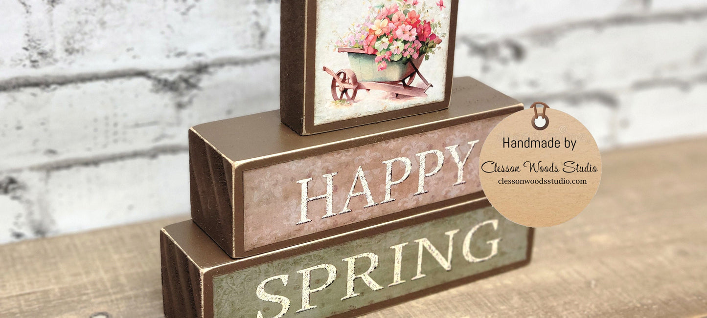 Happy Spring Wheelbarrow of Flowers Green Tan and Brown 3 Piece Wood Block Stack