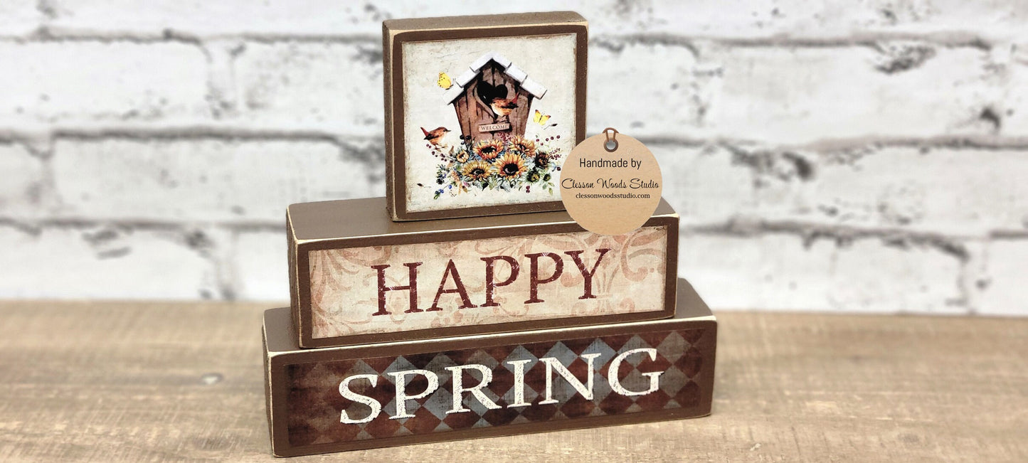 Happy Spring Birdhouse with Sunflowers Brown 3 Piece Wood Block Stack