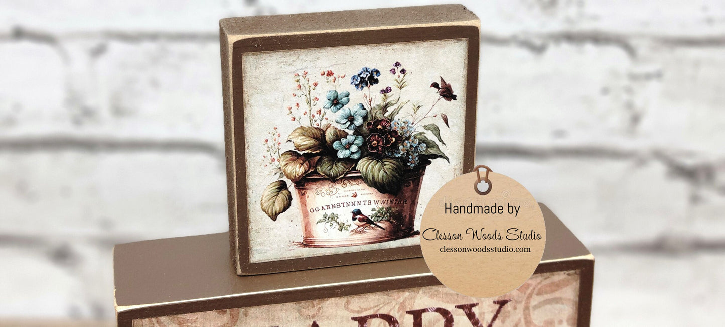 Happy Spring Tin of Flowers Brown 3 Piece Wood Block Stack