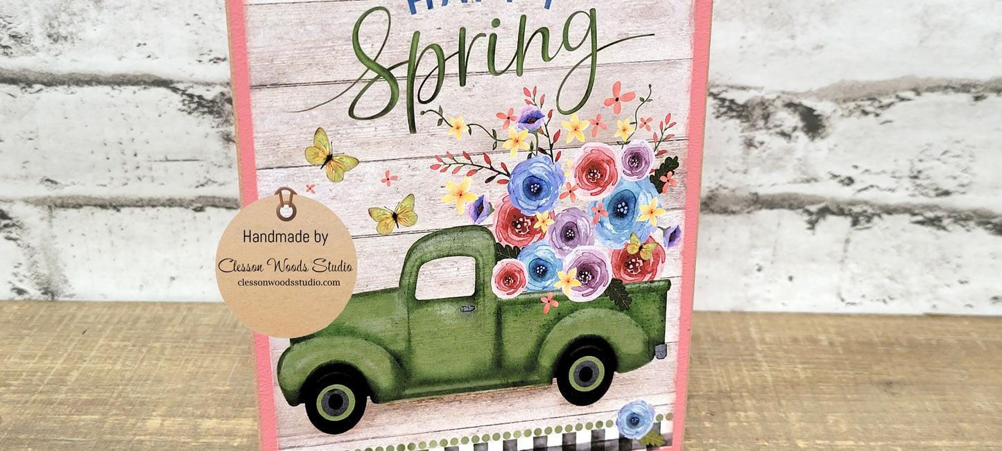 Happy Spring Green Truck of Flowers Wood Block Sign
