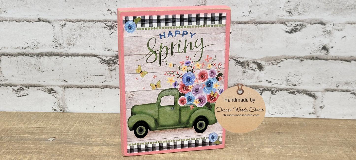 Happy Spring Green Truck of Flowers Wood Block Sign
