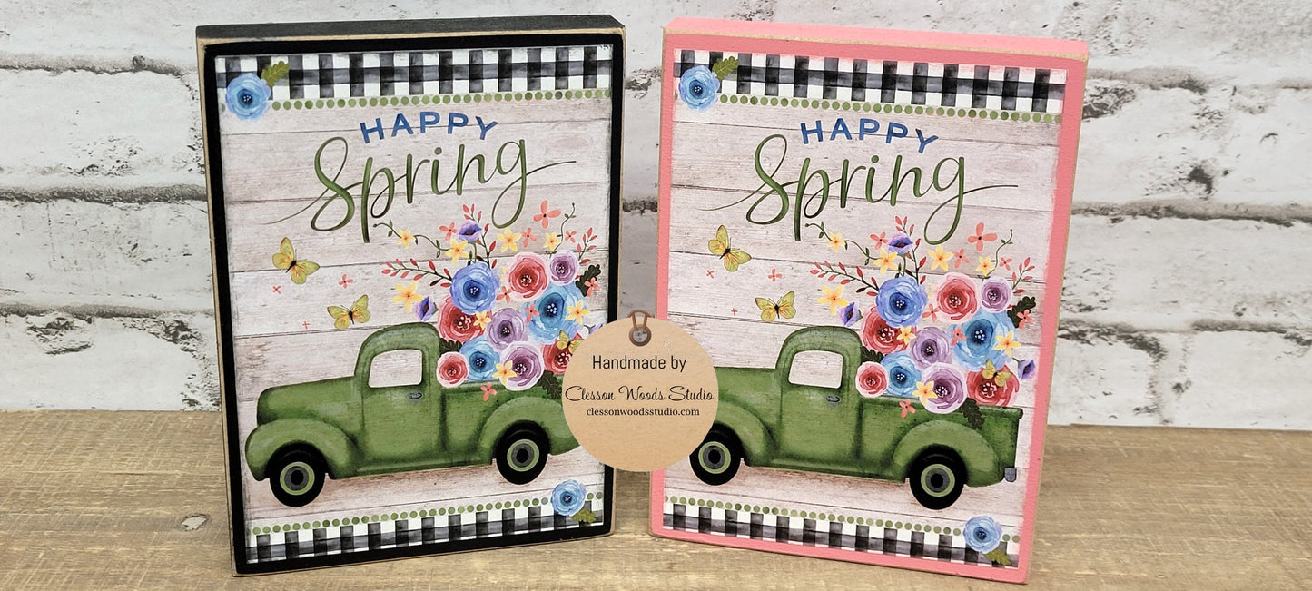 Happy Spring Green Truck of Flowers Wood Block Sign