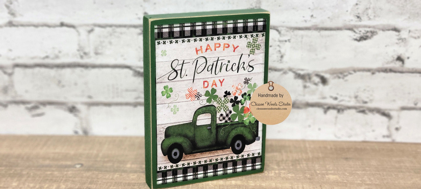 Happy St. Patrick's Day Green Truck of Shamrocks Wood Sign