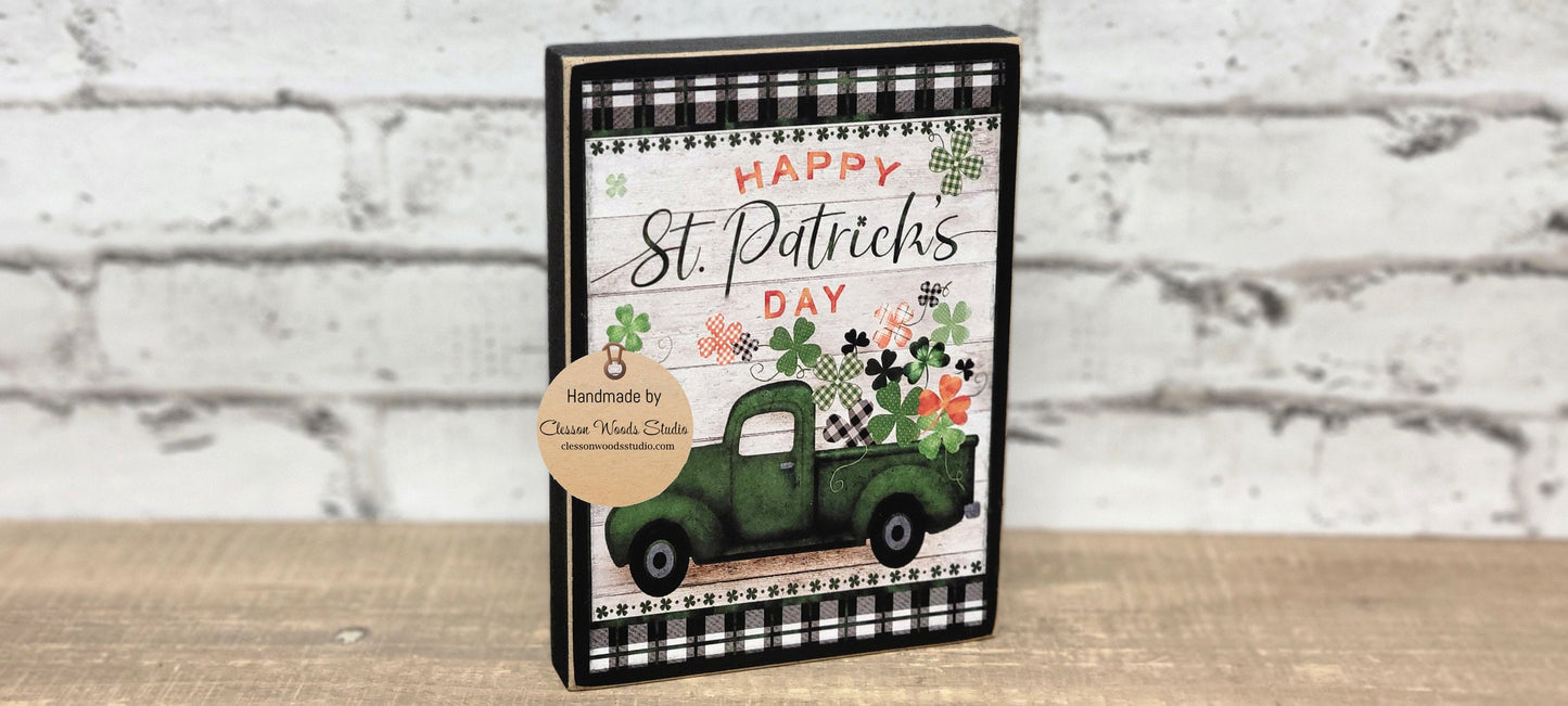 Happy St. Patrick's Day Green Truck of Shamrocks Wood Sign