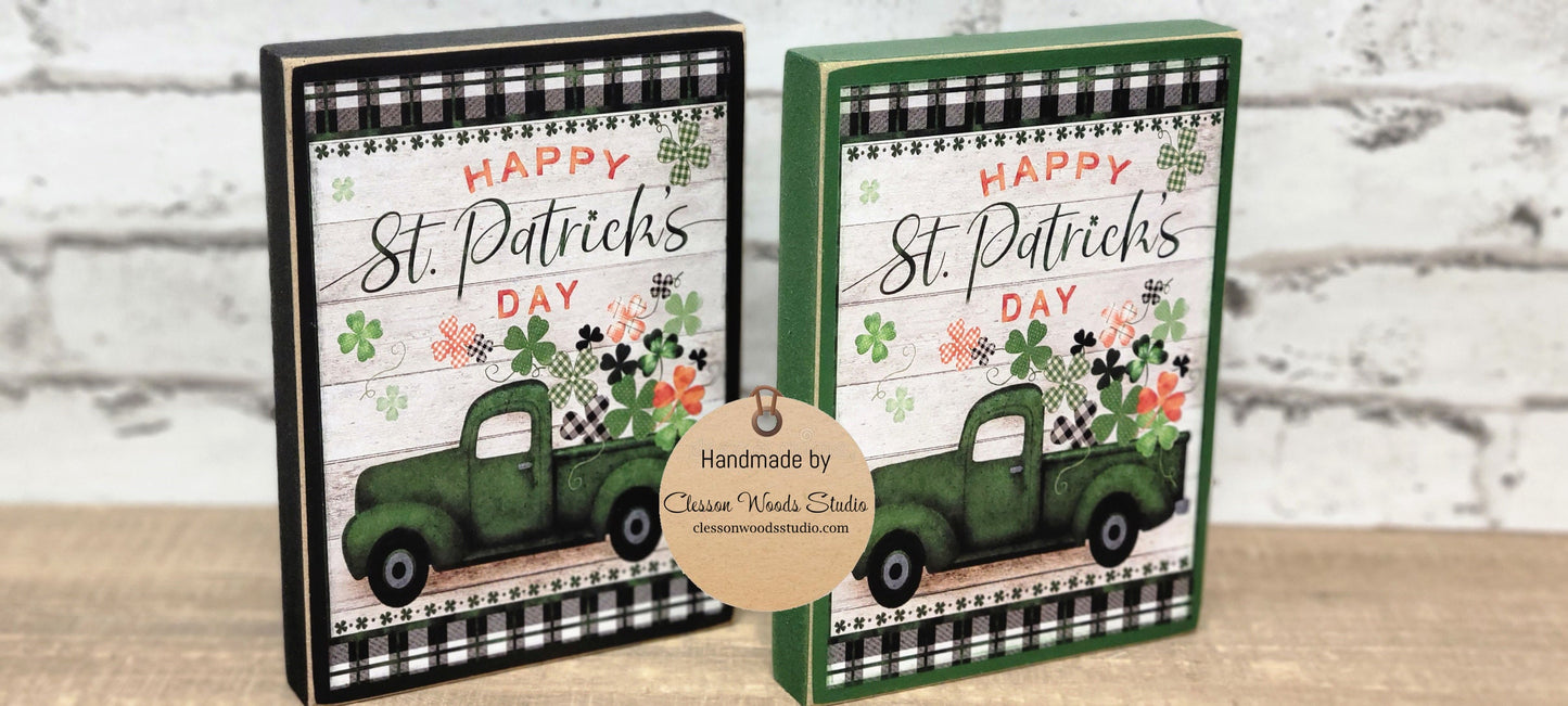 Happy St. Patrick's Day Green Truck of Shamrocks Wood Sign