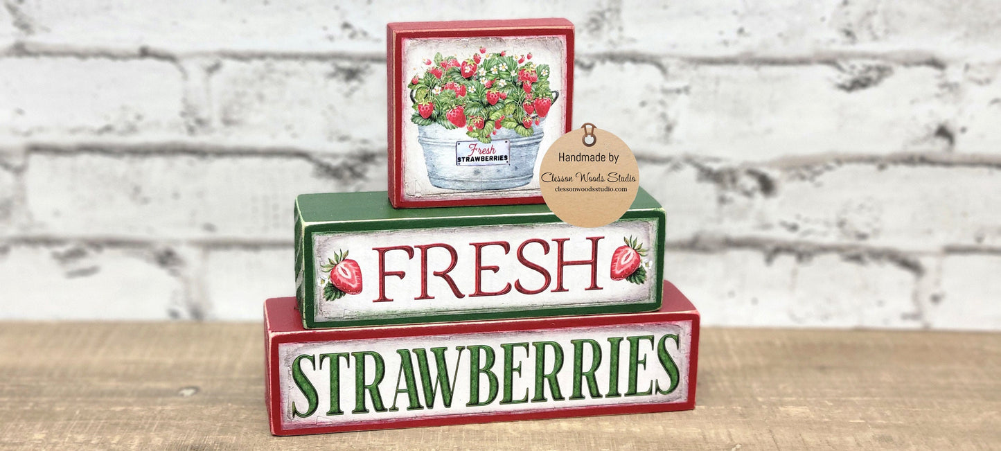 Fresh Strawberries 3 Piece Wood Block Stack