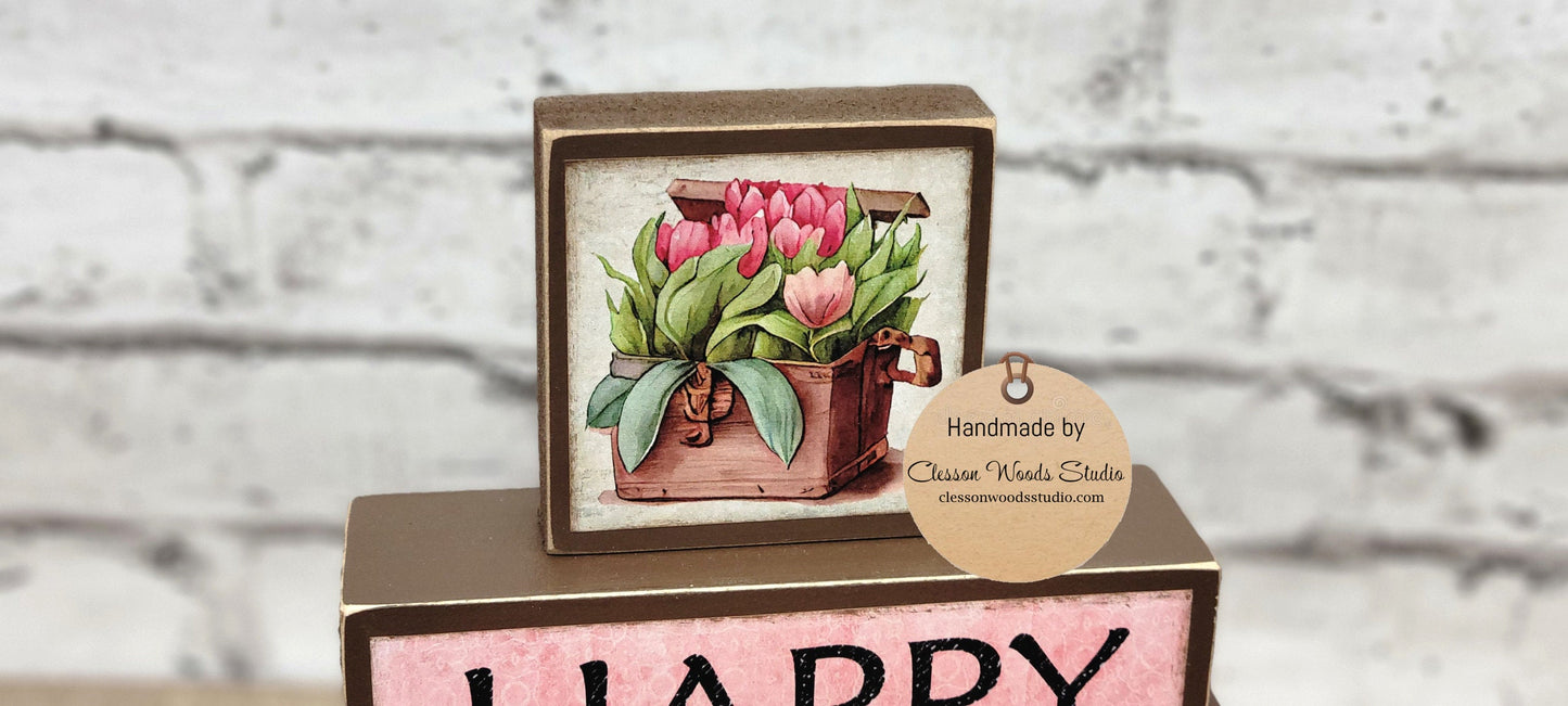 Happy Spring Tulips Pink and Brown 3 Piece Wood Block Stack
