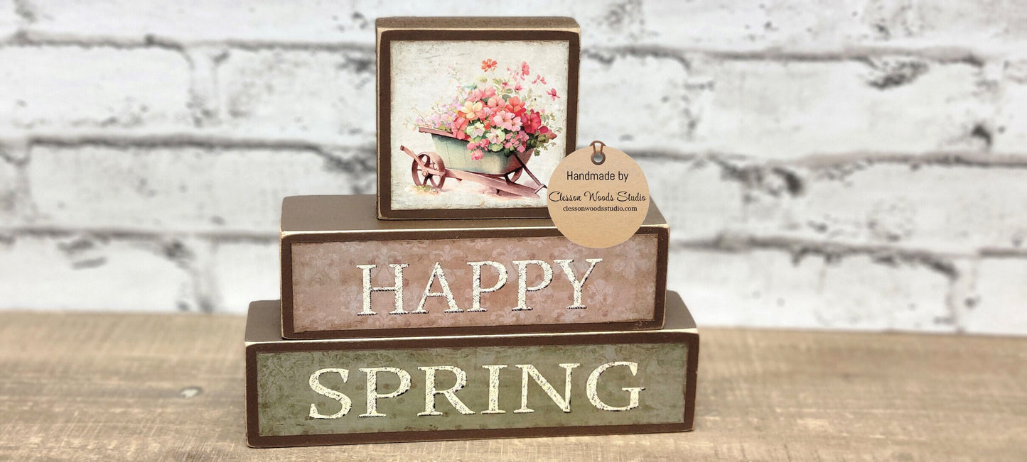 Happy Spring Wheelbarrow of Flowers Green Tan and Brown 3 Piece Wood Block Stack