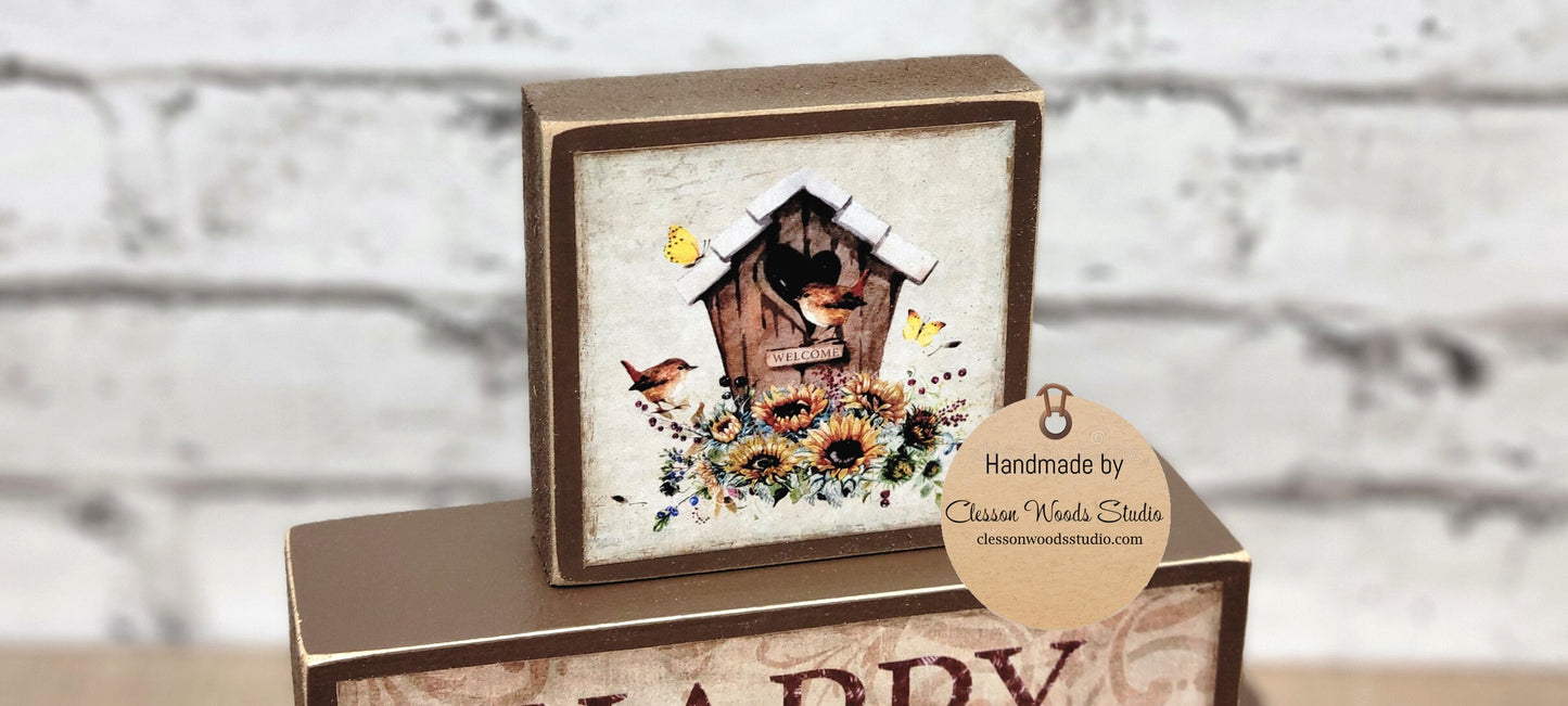 Happy Spring Birdhouse with Sunflowers Brown 3 Piece Wood Block Stack