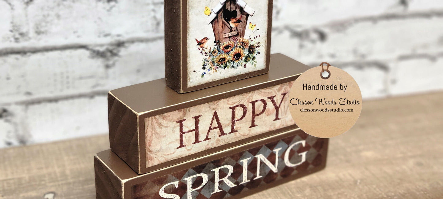 Happy Spring Birdhouse with Sunflowers Brown 3 Piece Wood Block Stack