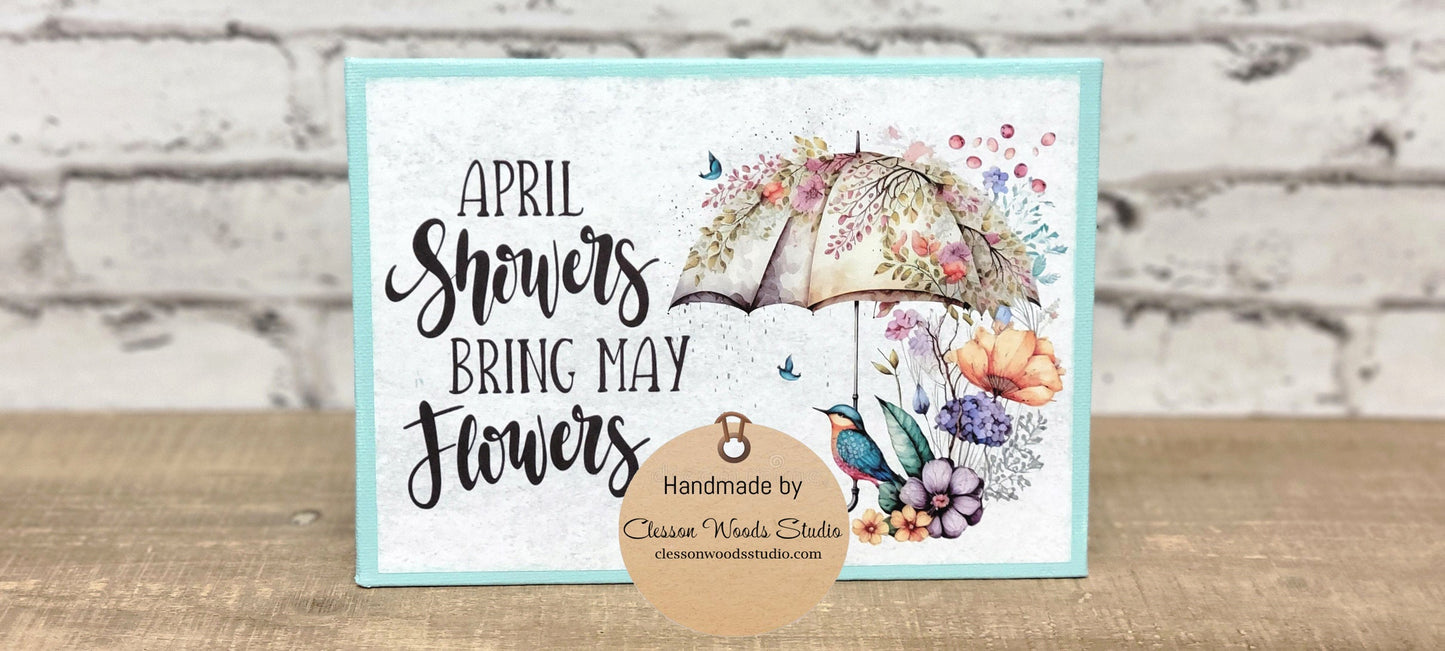 April Showers Bring May Flowers Bird with Umbrella Flowers 7" x 5" Interchangeable Canvas or Display Set