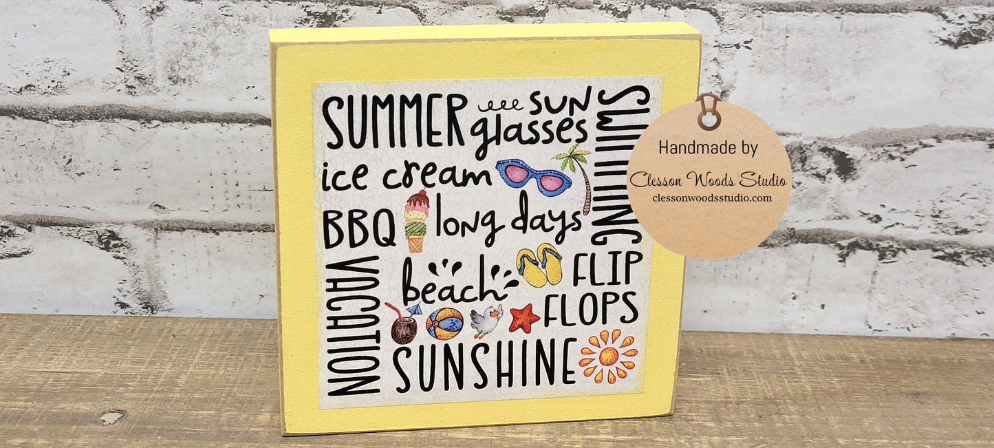 Summer Red, Yellow or Blue Subway Style Print Square Wood Sign