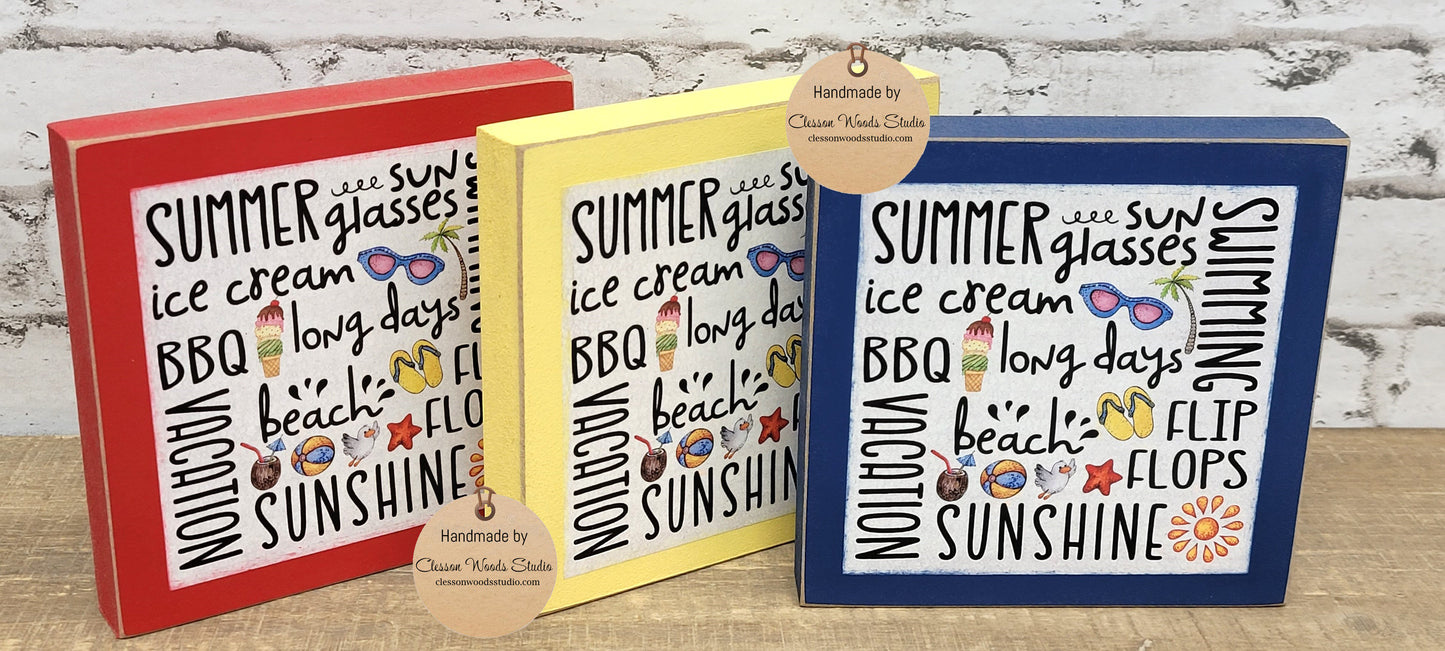 Summer Red, Yellow or Blue Subway Style Print Square Wood Sign