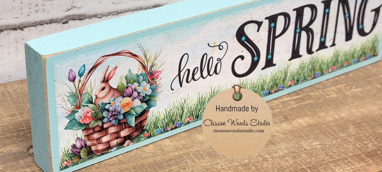 Hello Spring Basket with Bunny Light Blue Wood Block Sign