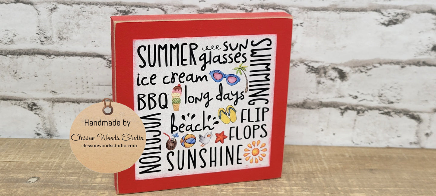 Summer Red, Yellow or Blue Subway Style Print Square Wood Sign
