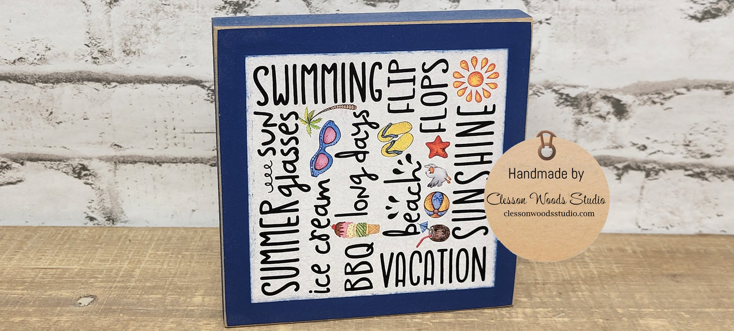 Summer Red, Yellow or Blue Subway Style Print Square Wood Sign