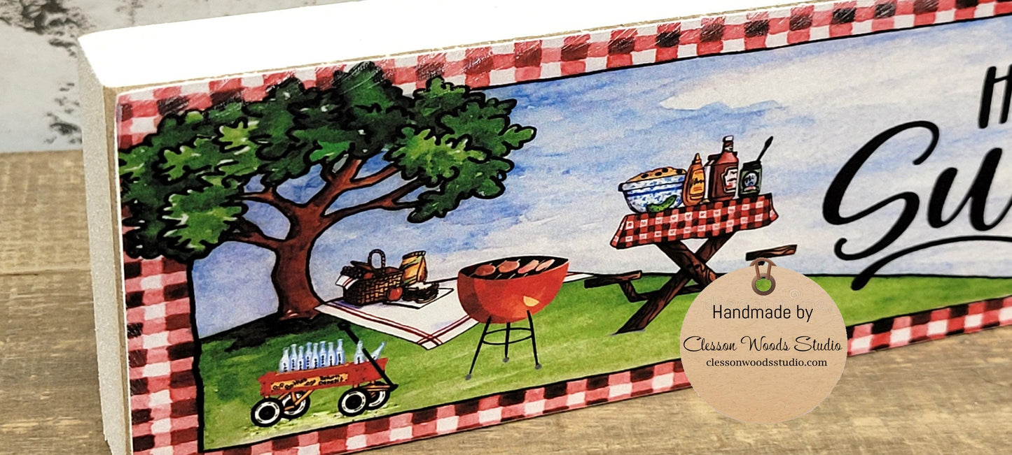 Hello Summer Picnic White Wood Block Sign