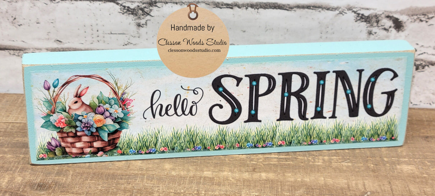 Hello Spring Basket with Bunny Light Blue Wood Block Sign