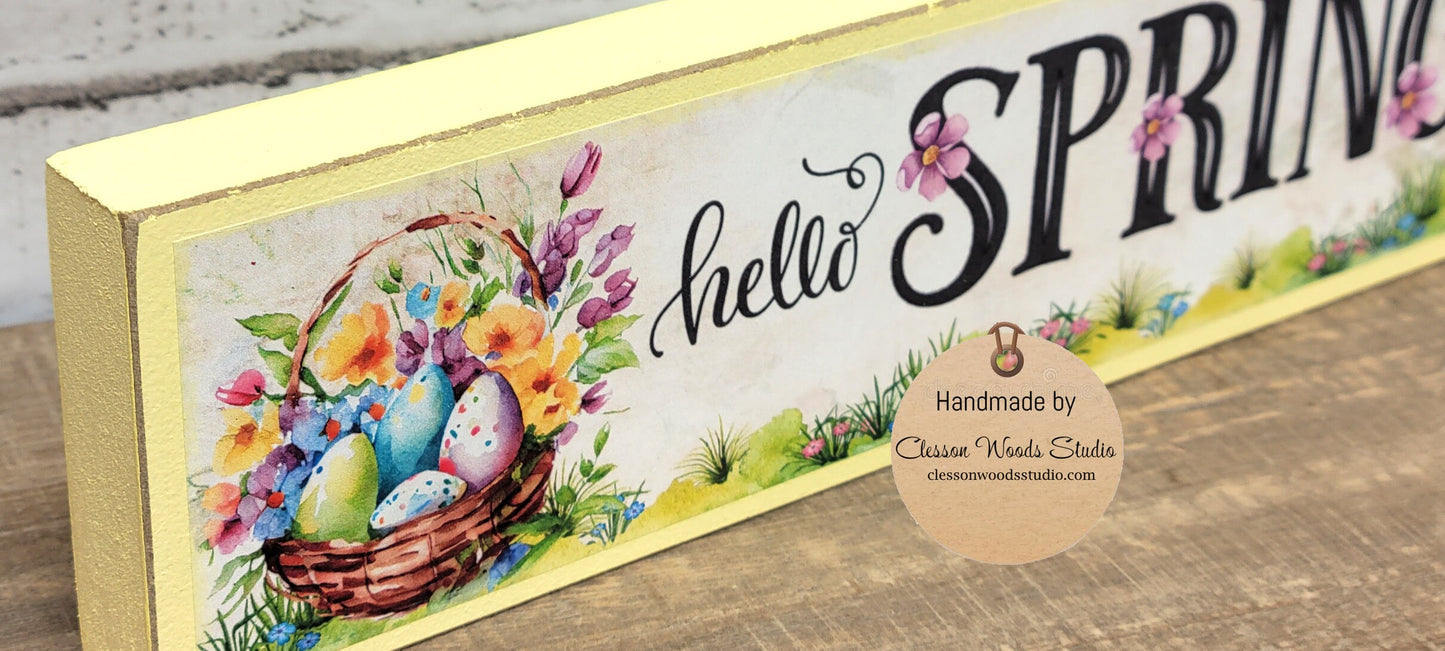 Hello Spring Basket of Flowers Yellow Wood Block Sign