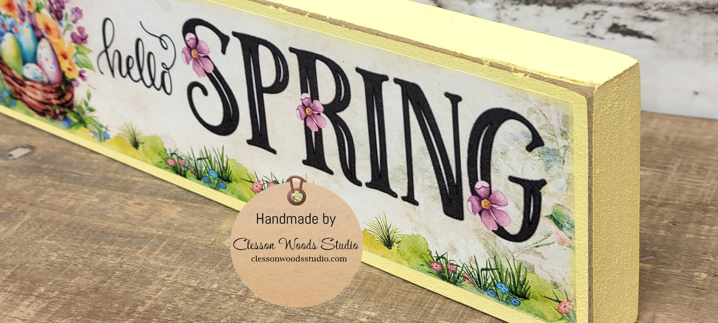 Hello Spring Basket of Flowers Yellow Wood Block Sign