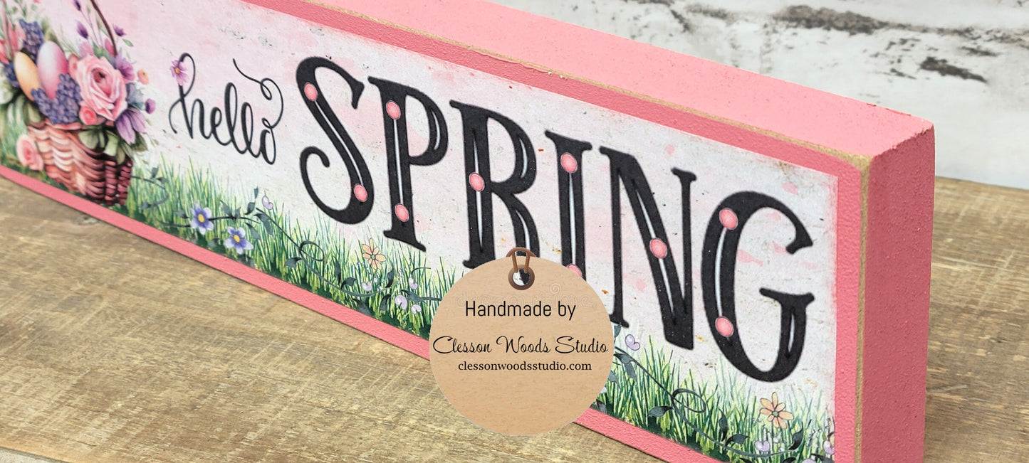 Hello Spring Basket of Flowers Pink Wood Block Sign