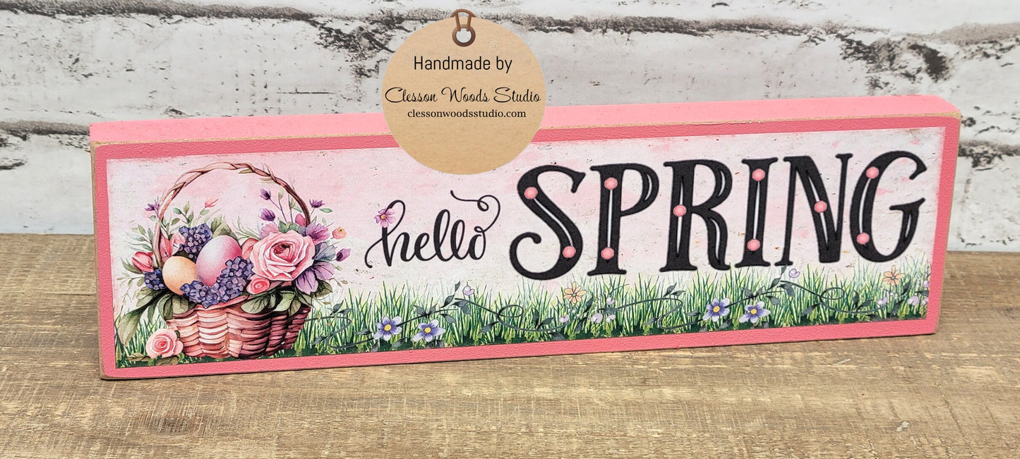 Hello Spring Basket of Flowers Pink Wood Block Sign