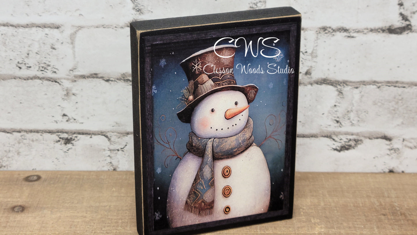 Primitive Snowman Black Frame Winter Wood Block Sign