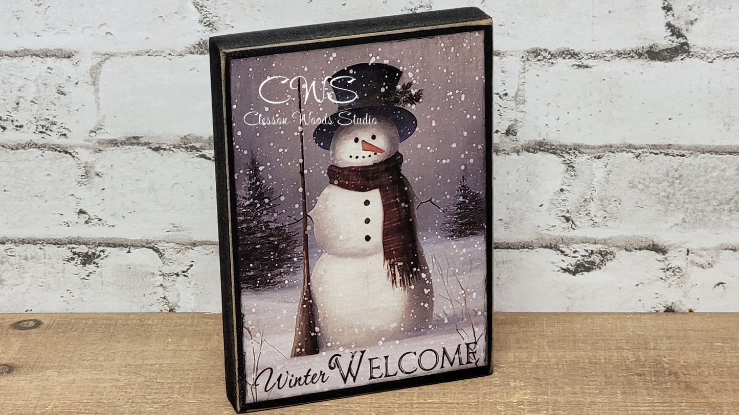 Winter Welcome Primitive Snowman Winter Wood Block Sign