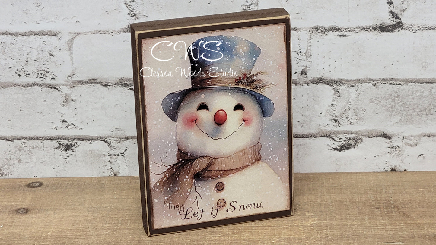 Let It Snow Snowman With Blue Hat Winter Wood Block Sign