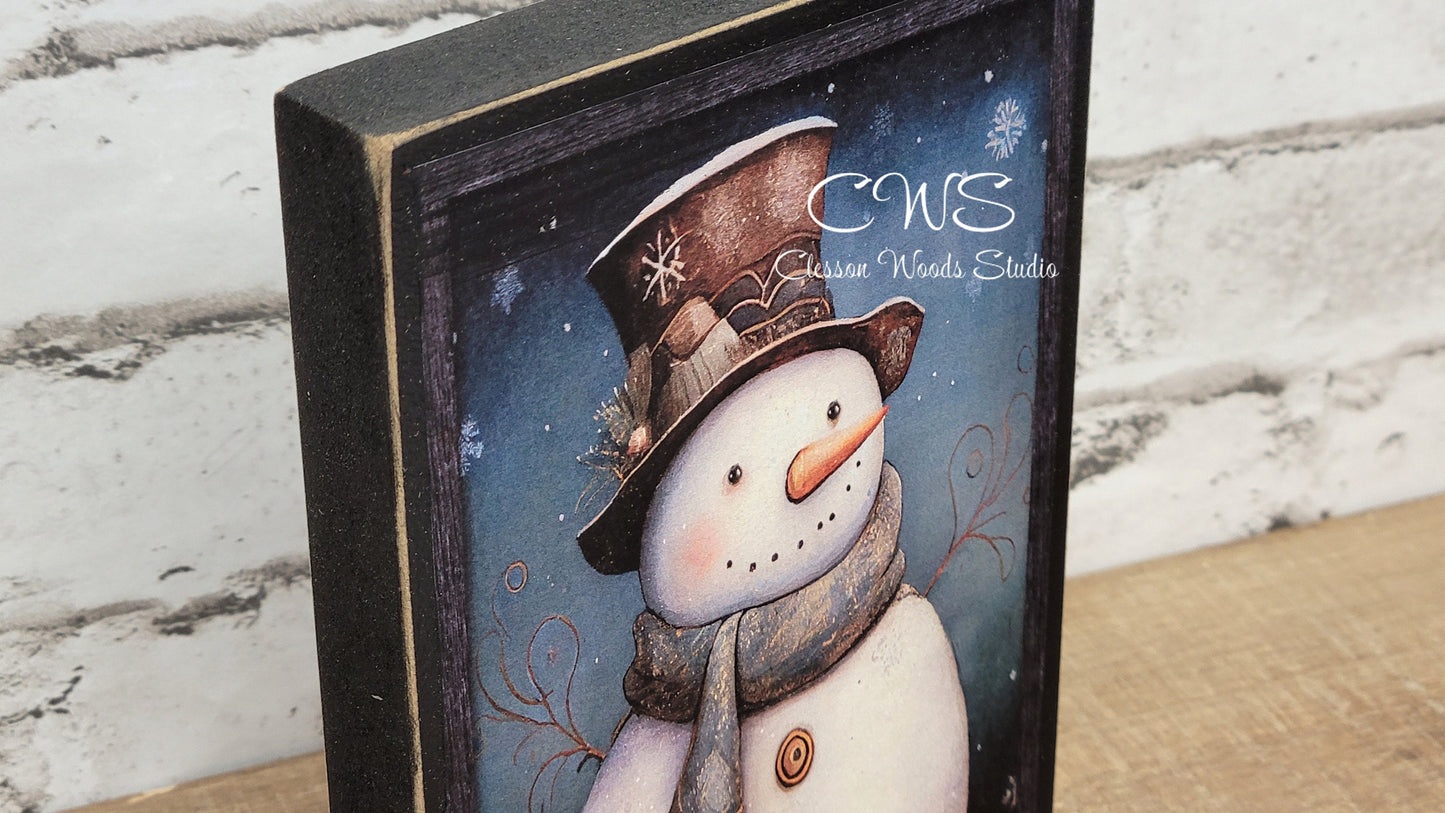 Primitive Snowman Black Frame Winter Wood Block Sign