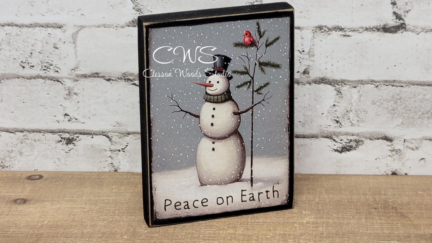 Peace on Earth Primitive Snowman Winter Wood Block Sign