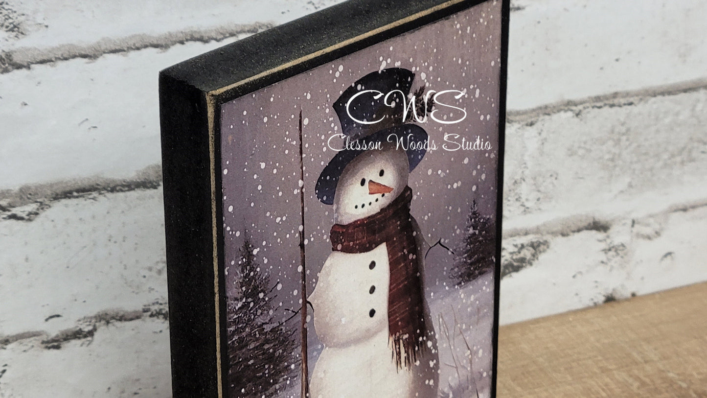 Winter Welcome Primitive Snowman Winter Wood Block Sign