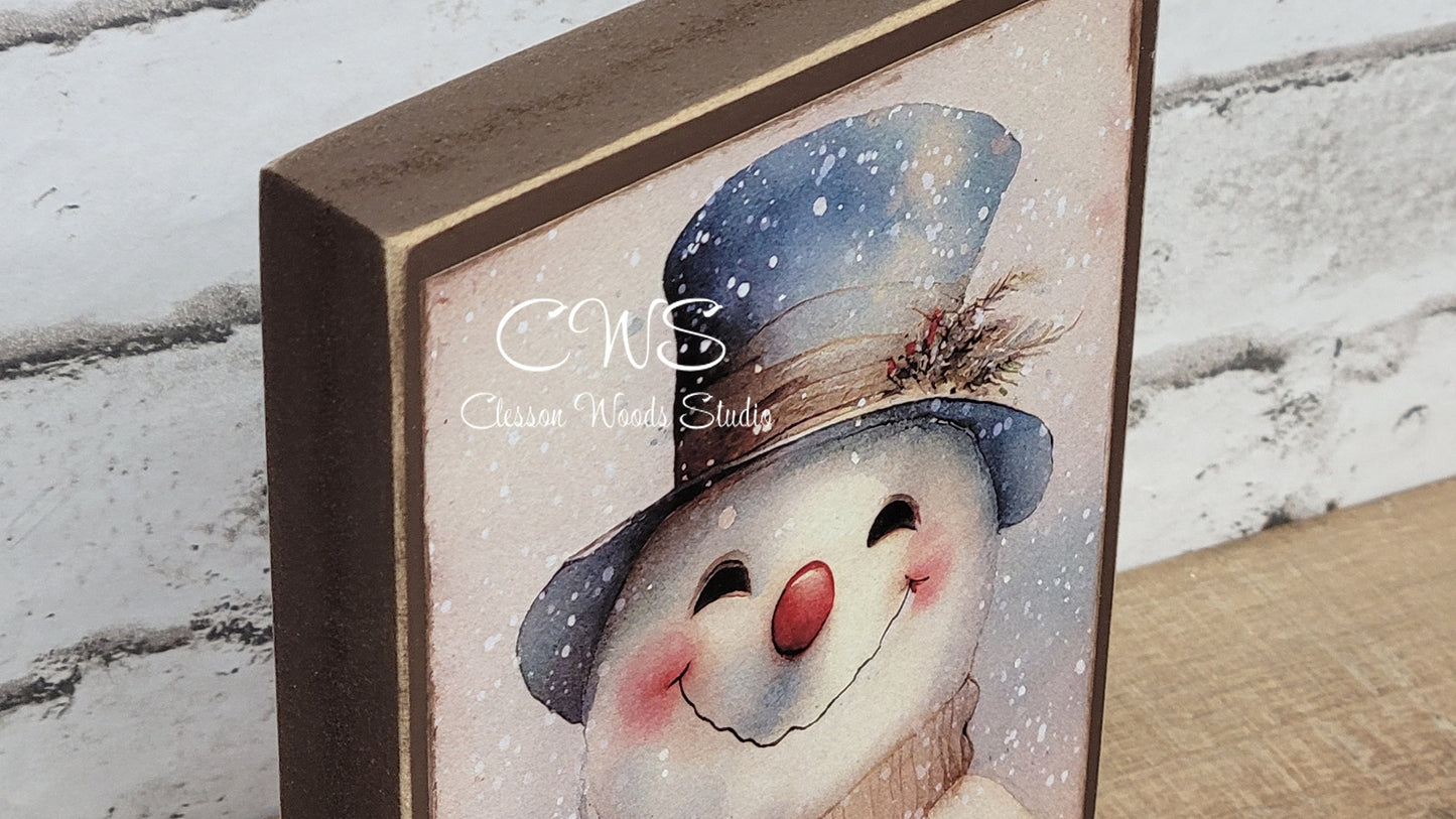 Let It Snow Snowman With Blue Hat Winter Wood Block Sign