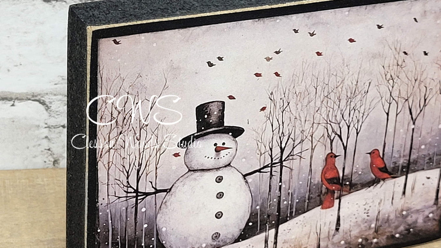 Old Time Snowman 4 Wood Block Sign