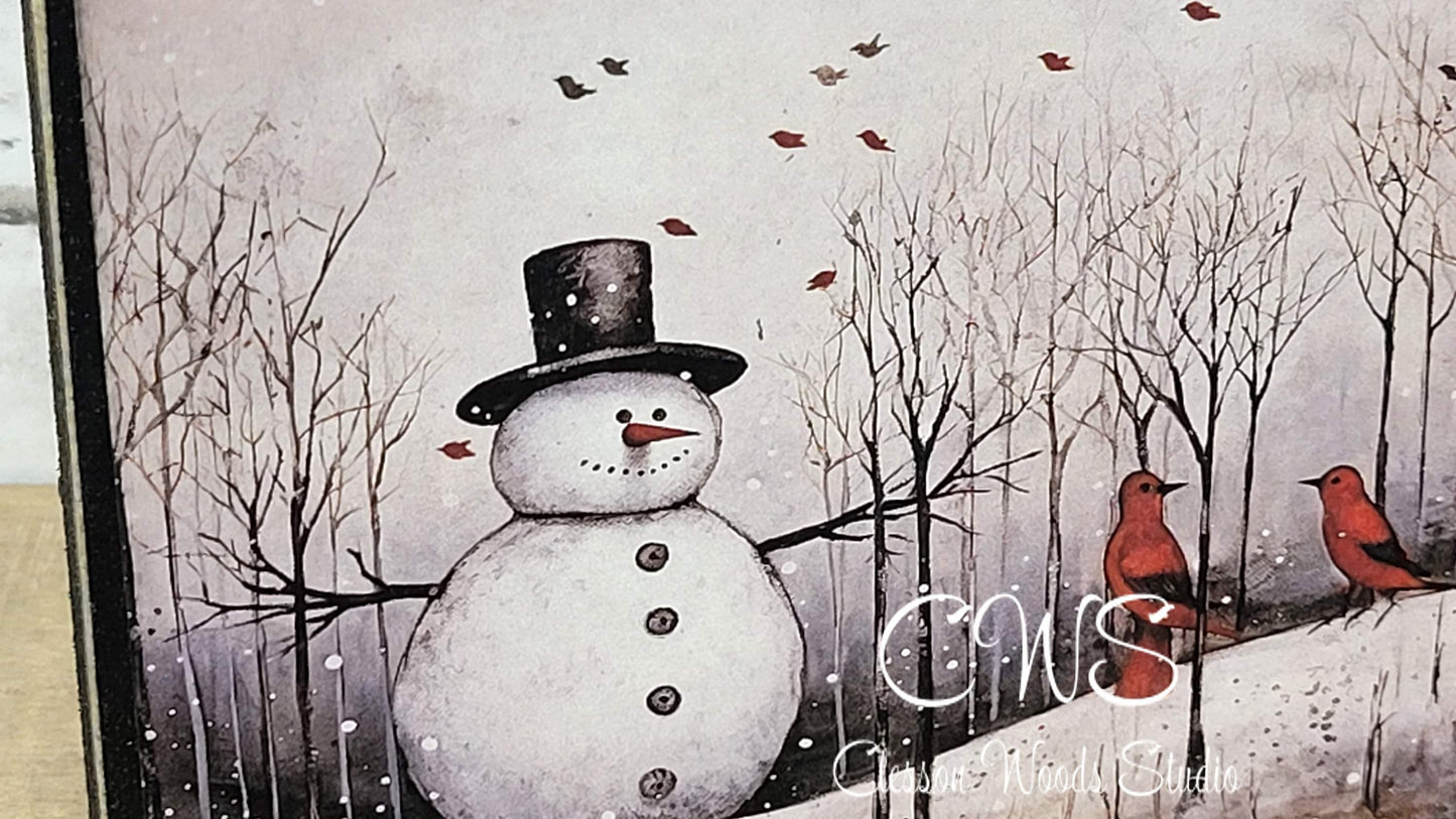 Old Time Snowman 4 Wood Block Sign